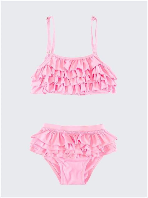 Girls Pink Tiered Ruffled Bikini Swimsuit Trendy Swimsuits Unique