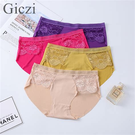 Giczi Silk Satin Womens Panties Elegant Lace Underwear 9 Colors Female Briefs Sexy Lingerie