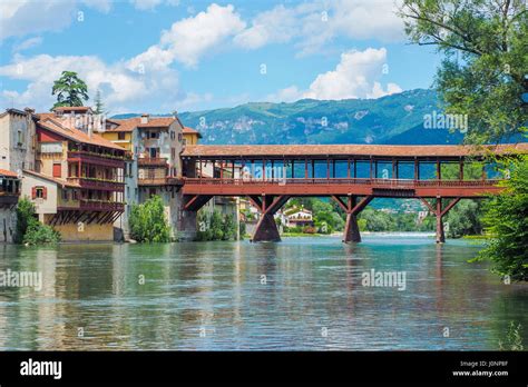 Ponte Degli Alpini Wooden Bridge Over Brenta River In Bassano Del
