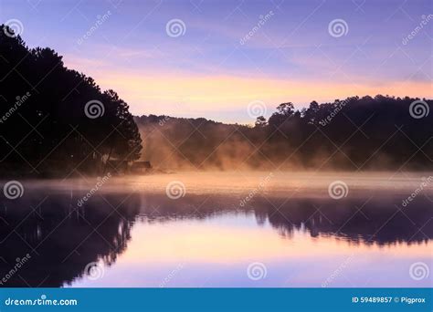 Beautiful Foggy Sunrise On A Lake Stock Image Image Of Natural