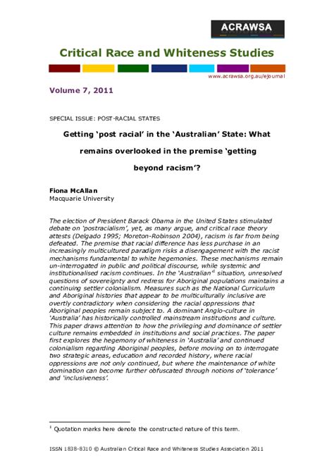 (PDF) 'Getting 'post racial' in the Australian State?: Cultural specificity and getting beyond ...