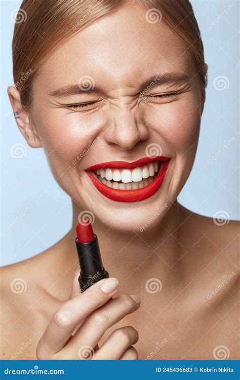 beautiful girl with red lips and classic makeup with lipstick in hand stock image image of
