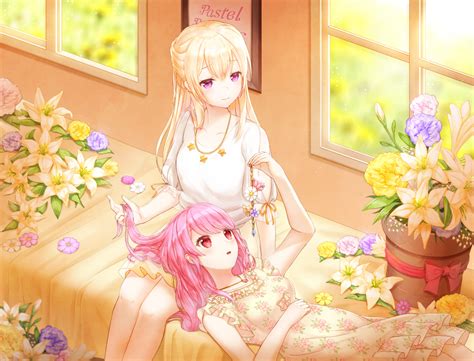2girls Bang Dream Blonde Hair Dress Flowers Long Hair Lunacle Maruyama Aya Necklace Pink Hair
