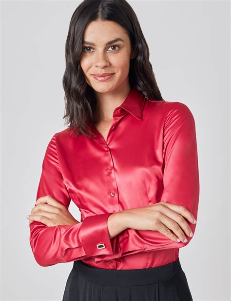 Womens Fitted Satin Shirt With Double Cuff In Red Hawes And Curtis Usa
