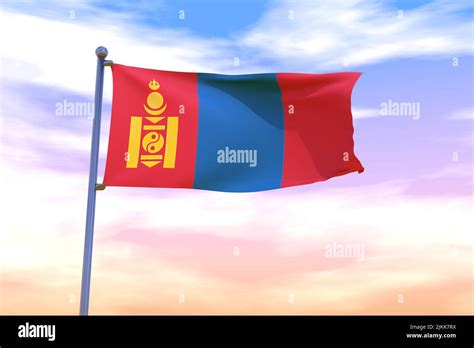 Waving Flag Of Mongolia With Chrome Flag Pole In Blue Sky Waving In The