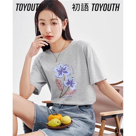 Toyouth Women T Shirt 2023 Summer Short Sleeve O Neck Loose Tees Artistic Flower Print Pure