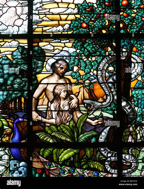 Stained Glass Of Adam And Eve In The Garden Of Eden Vienna Austria