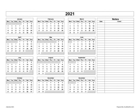 Excel 12 Month Printable 12 Month 2021 Calendar 2021 Excel Calendar