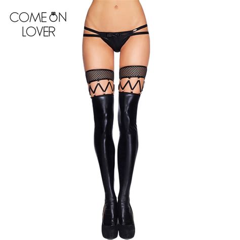 Comeonlover Fishnet Top Black Faux Leather Stockings Knee High Sexy