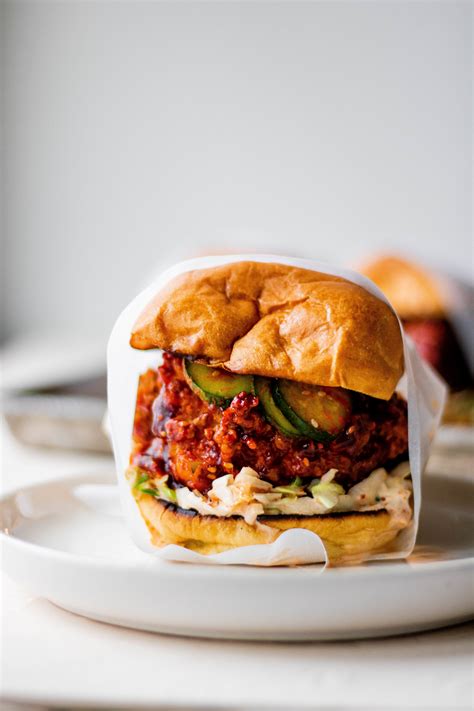 Build the sandwiches with chicken (optionally cut in half) and pickles. spicy Korean fried chicken sandwiches - SO MUCH FOOD