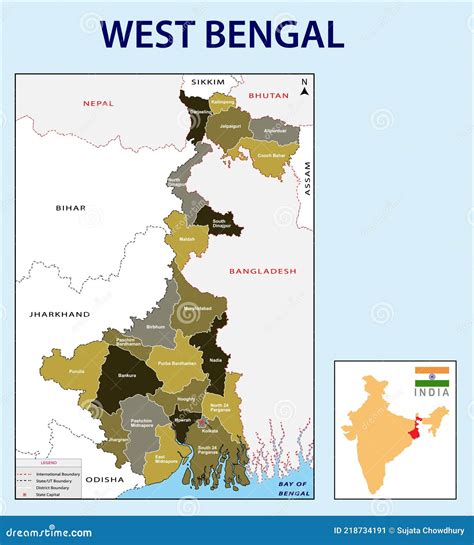 West Bengal Map Showing International And State Boundary And District