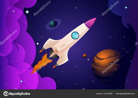 Rocket Flying Outer Space Planets Flat Illustration Vector Background