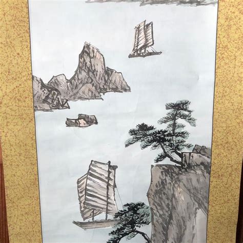 Japan Placid Boats And Mountains Vintage Hand Painted Scroll With Box For Sale At 1stdibs