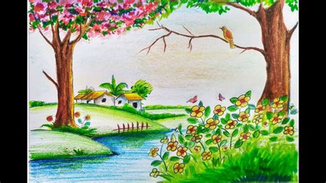 How To Draw Scenery Of Beautiful Spring Season Step By Step Easy