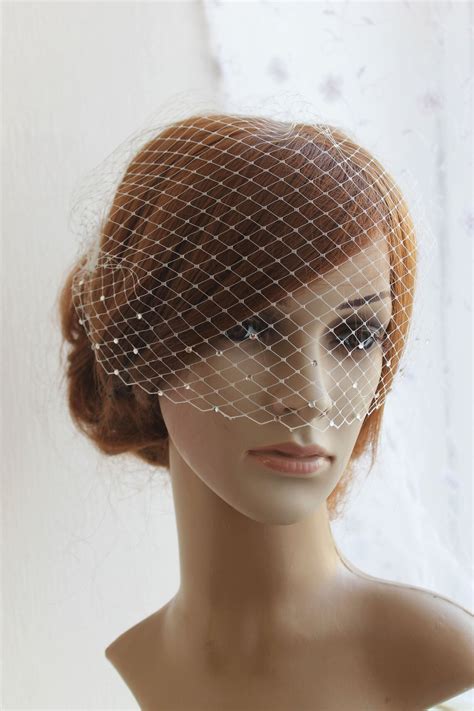 Ivory Bridal Birdcage Veil With Navy Blue Crystals Bandeau Etsy