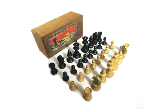 Vintage Wooden Chess Set Boxwood Chessmen Made By Tsl In France
