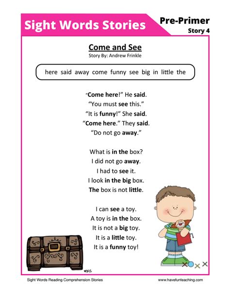 Come And See Pre Primer Sight Words Reading Comprehension Worksheet