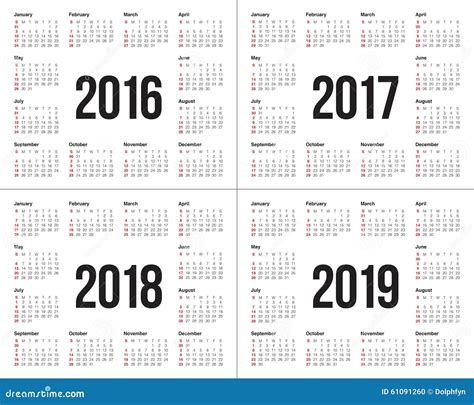 Calendar 2016 2017 2018 2019 Stock Vector Image 61091260