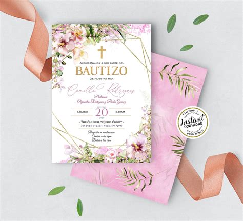 Bautizo Invitations Pink Gold Invitacione De Bautizo Niña Etsy México
