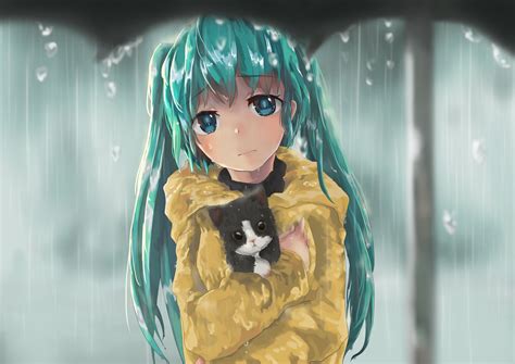 Wallpaper Illustration Cat Long Hair Anime Girls Water Rain