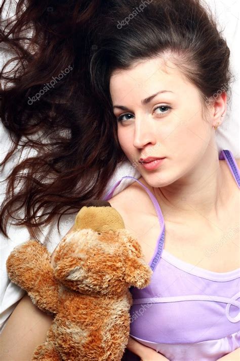 Pretty Cute Girl Sleeping With Teddy Bear — Stock Photo © Innasidorova