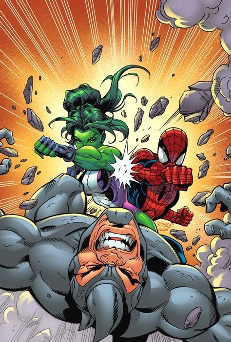Spiderman And She Hulk Vs Rhino By John Royle Marvel Characters Art