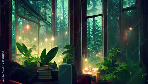 Lofi Empty Interior Messy Desk Window View Of A Forest Jungle Anime