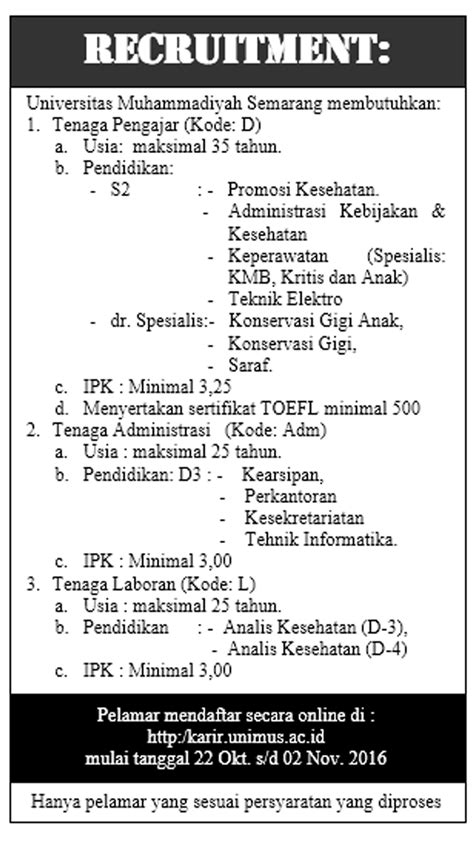 Kerja keras yang kita kerahkan biasanya merupakan suatu cara agar dimasa depan kita. Lowongan Kerja Dosen dan Karyawan Universitas Muhammadiyah Semarang 2016 - Rekrutmen Dan ...