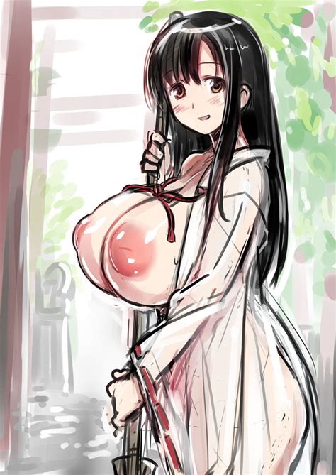 Nanashi Iwato Kasumi Saki Manga Girl Black Hair Blush Breasts Breasts Out Broom