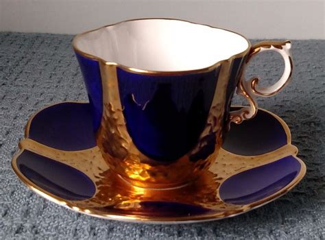 Vintage Aynsley Bone China Tea Cup And Saucer Cobalt Blue Gold And White Pottery