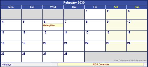 February 2030 New Zealand Calendar With Holidays For Printing Image
