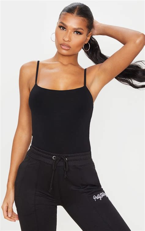 black jersey strappy bodysuit tops prettylittlething