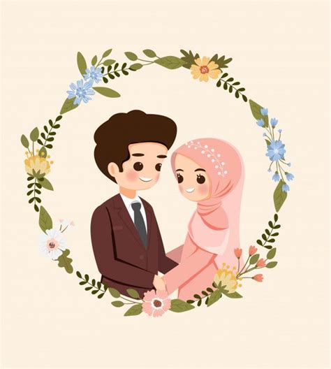 Premium Vector Save The Datecute Muslim Couple Cartoon With Flower Wreath For Wedding