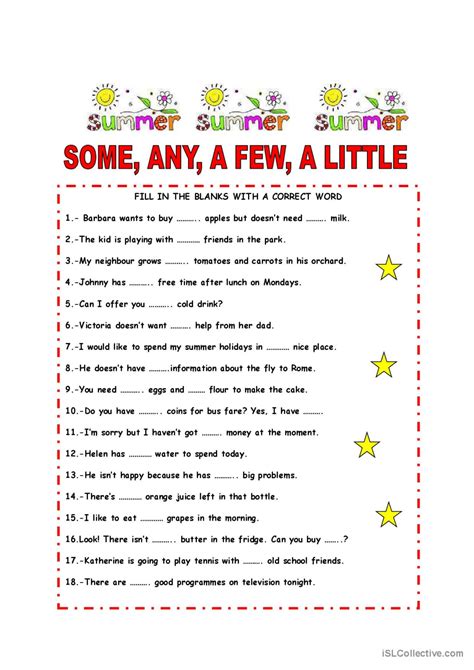 Some Any A Few A Little English Esl Worksheets Pdf And Doc