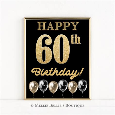 Printable Happy 60th Birthday Sign Gold White Balloons Etsy