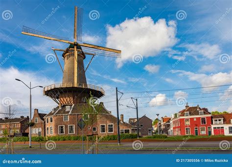 Traditional Dutch Windmill Named `de Roos` In The City Of Delft The Mill Still Serves As A