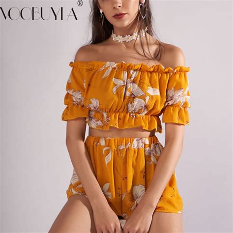 Voobuyla Boho Two Piece Sets Clothes Women Sexy Slash Neck Crop Topandshorts Suits 2018 Summer
