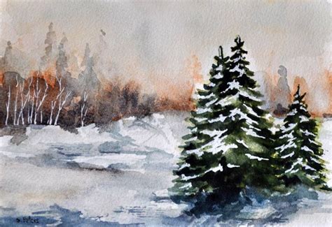 Original Watercolor Landscape Painting Winter Chrismtas Trees 5x7 Inch