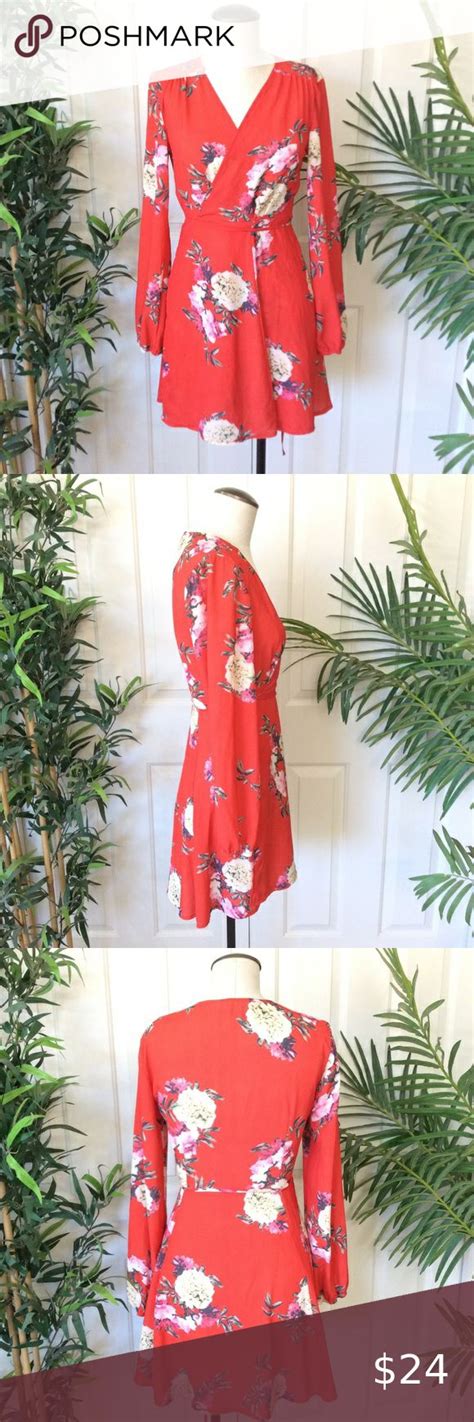 Engerla L Red Floral Wrap Long Sleeve Dress Tunic Floral Wraps Wrap