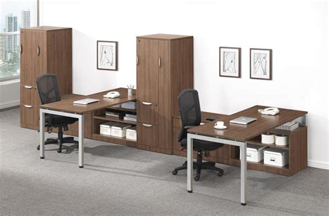 Silver 2 Person Modern Walnut L Shaped Desks With Storage Towers