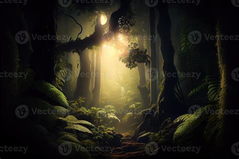 Illustration Of Dark Rainforest Sun Rays Through The Trees Rich