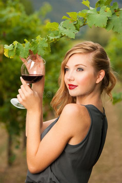 Attractive Stylish Woman Drinking Glass Of Red Wine In Vineyard Stock Image Image Of Culture