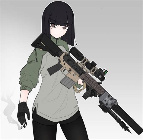 Safebooru 1girl Absurdres Assault Rifle Bangs Black Gloves Black Hair