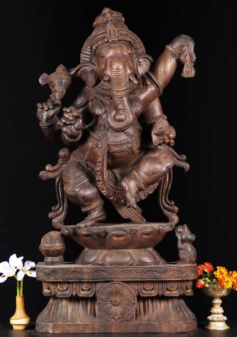 Sold Wood Joyous Dancing Ganesha Statue 30 76w19db Hindu Gods And Buddha Statues