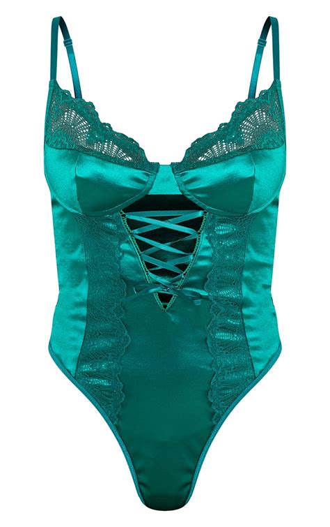 Emerald Green Lace Up Lace And Satin Body Prettylittlething Sa