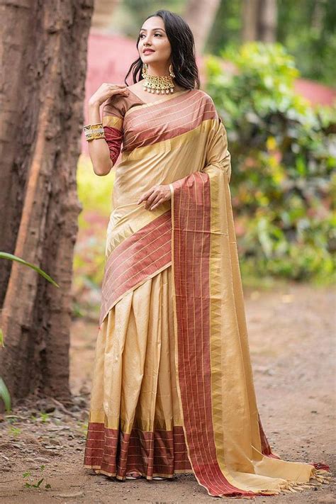 Soft Raw Silk Saree With Chex Woven Border Creme Saree Indian Saree Saree For Women Designer
