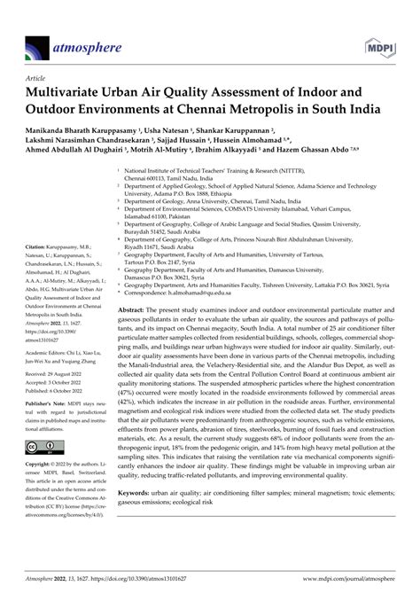 Pdf Multivariate Urban Air Quality Assessment Of Indoor And Outdoor
