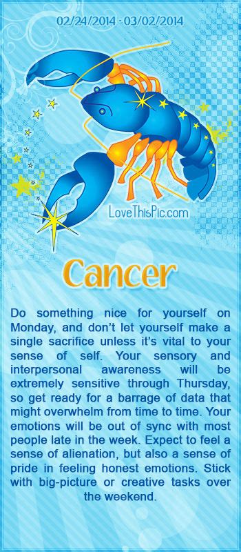 The crab of the zodiac, one of the three signs dominated by the water element, the symbol of the emotional world, is an authentic representative of the purest sensitivity, becoming that feature in a true emblem of the personality of the cancer zodiac sign. Cancer Horoscope Pictures, Photos, and Images for Facebook ...