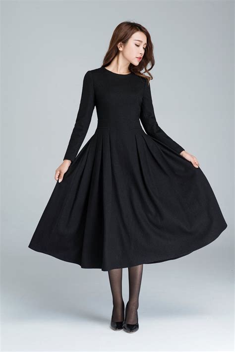 Long Black Dress Wool Dress Winter Dress Long Women Dresses Pleated