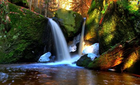 Forest Waterfalls Light Breaking Through Sky Boulders